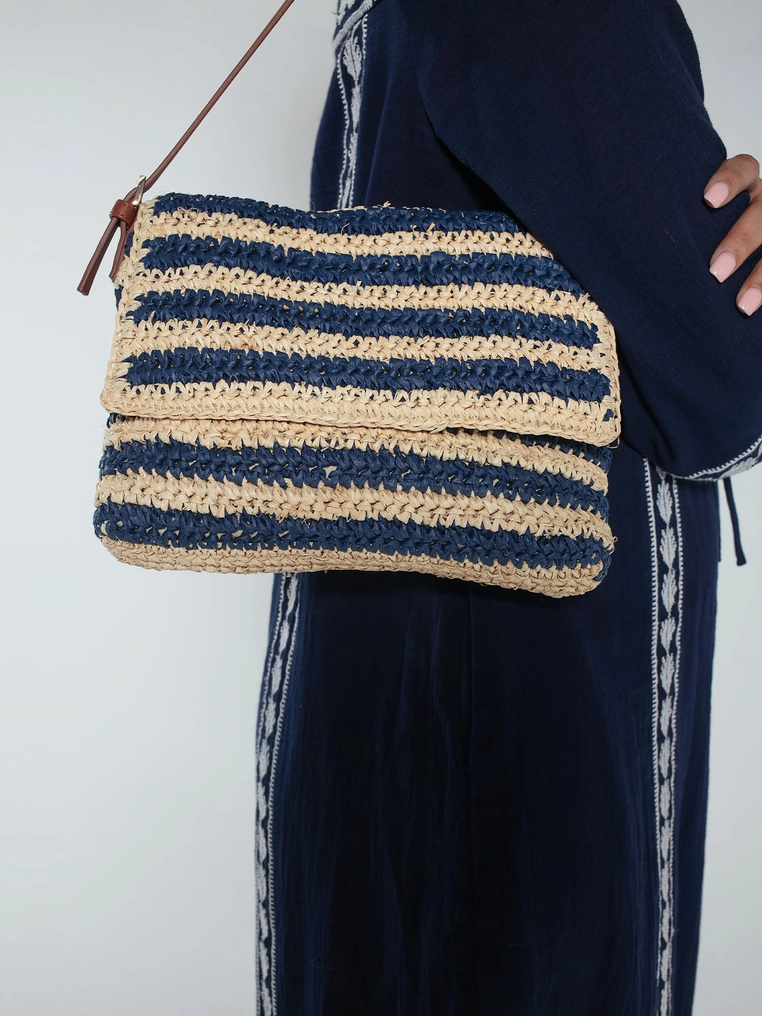 Bella Crochet Stripe Bag in Navy - Image 2