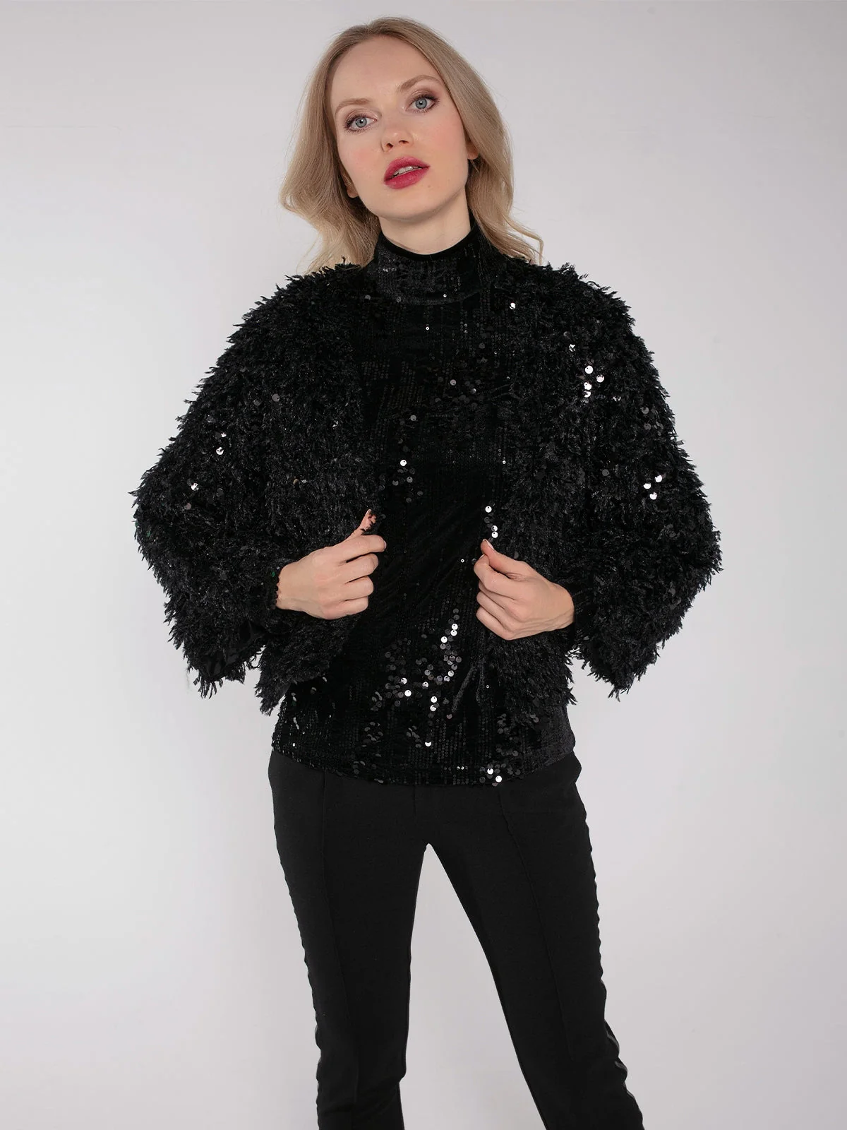 MARLY SEQUIN AND FAUX FUR KIMONO-BLACK - Image 3