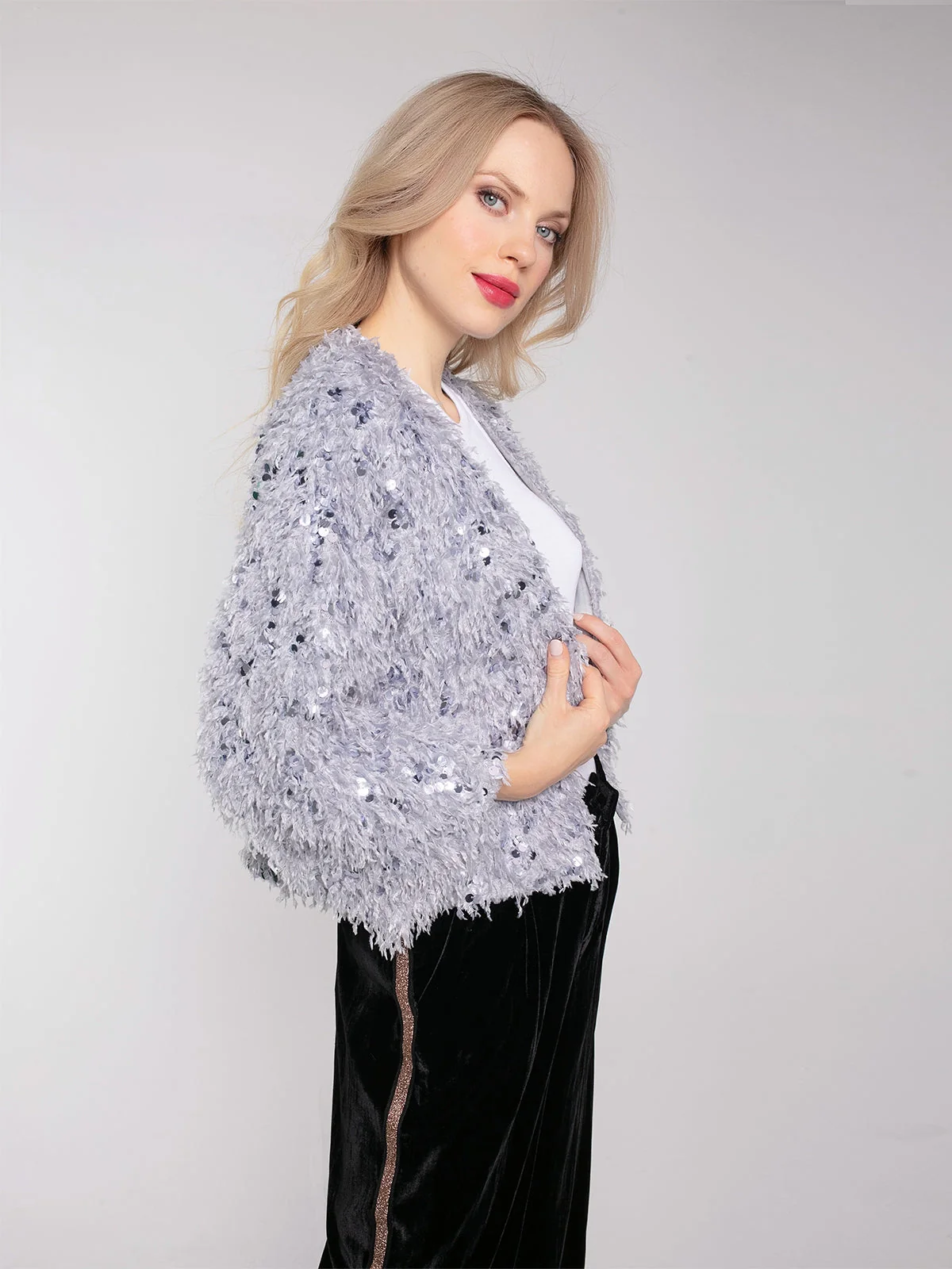 MARLY SEQUIN AND FAUX FUR KIMONO-GREY - Image 2