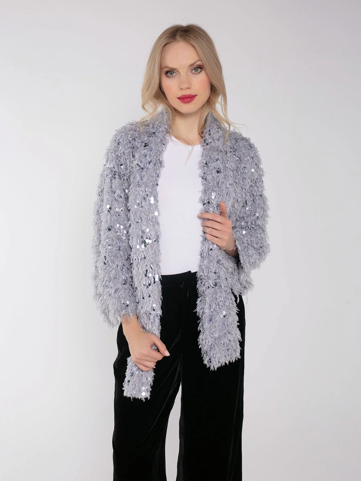 MARLY SEQUIN AND FAUX FUR KIMONO-GREY - Image 3
