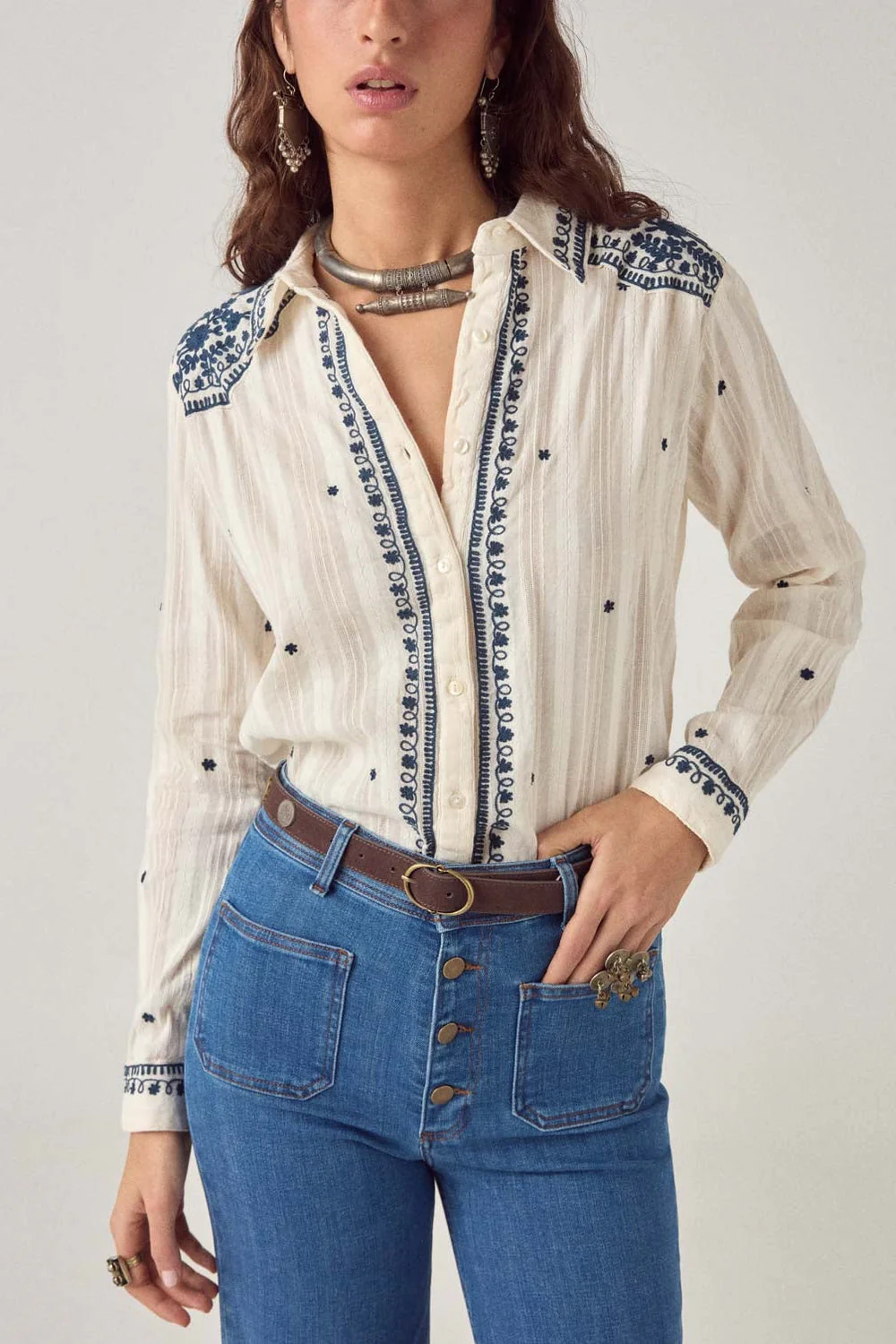 Salinger Shirt, Cream Indigo (Texas Sun) - Image 6